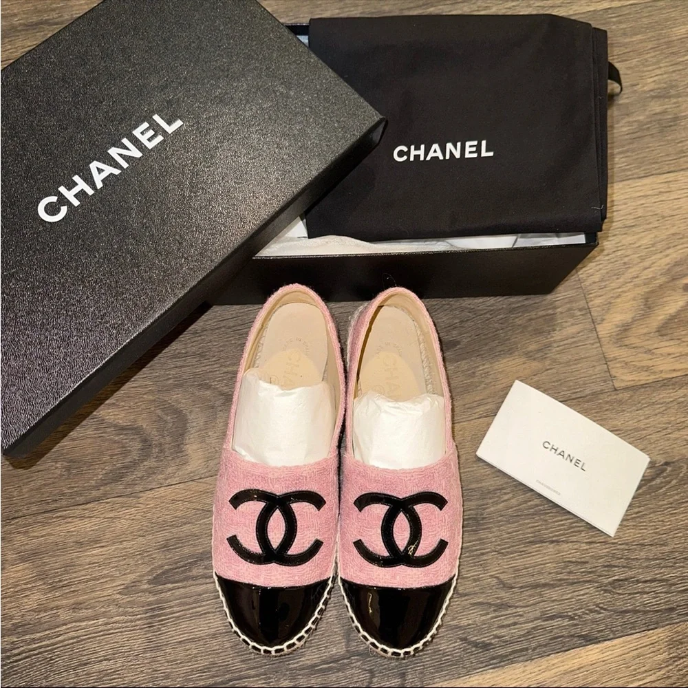 CHANEL Pink and Black Logo Espadrilles - Picture 9 of 11